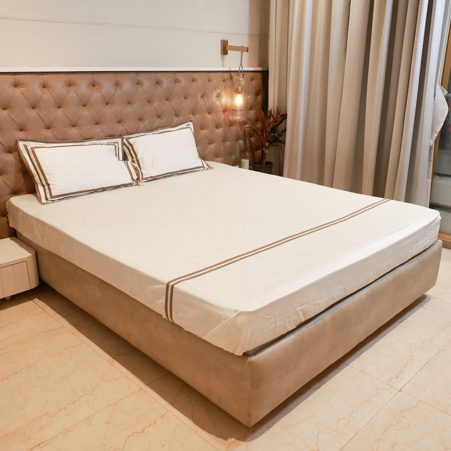 Reshkala Fine Yarn 100% Cotton 400 TC Kalakari Collection Double Stitch Embroidery Bedsheet King Size Pearl White color with 2 pillow covers