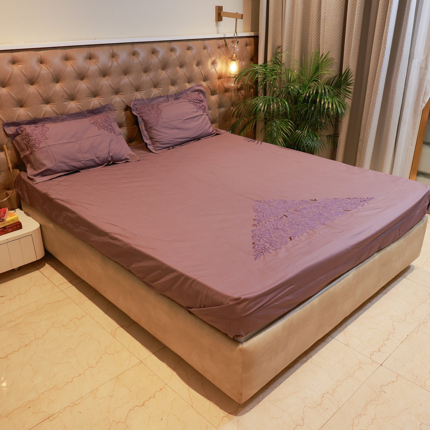 Reshkala Fine Yarn 100% Cotton 400 TC Kalakari Collection Double Stitch Embroidery Bedsheet King Size Mauve color with 2 pillow covers
