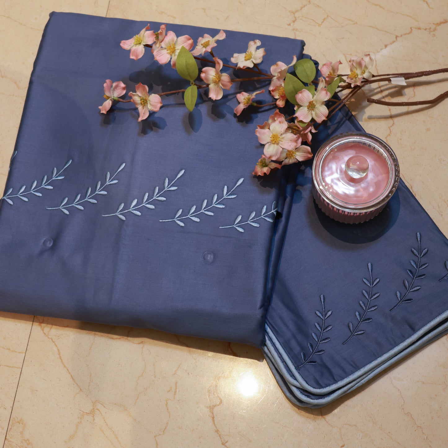 Reshkala Fine Yarn 100% Cotton 400 TC Kalakari Collection Double Stitch Embroidery Bedsheet King Size Midnight Blue color with 2 pillow covers