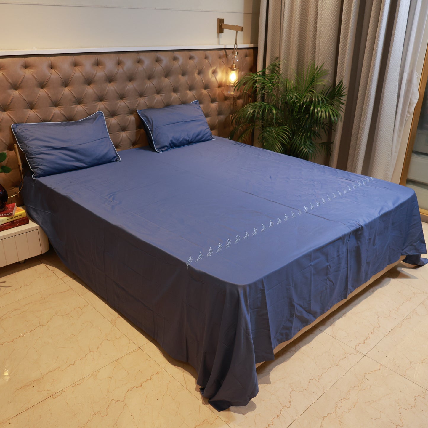 Reshkala Fine Yarn 100% Cotton 400 TC Kalakari Collection Double Stitch Embroidery Bedsheet King Size Midnight Blue color with 2 pillow covers