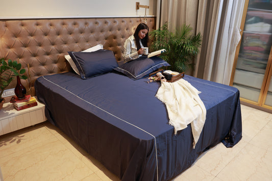 Reshkala Fine Yarn 100% Cotton 400 TC Kalakari Collection Double Stitch Embroidery Bedsheet King Size Cobalt Blue color with 2 pillow covers